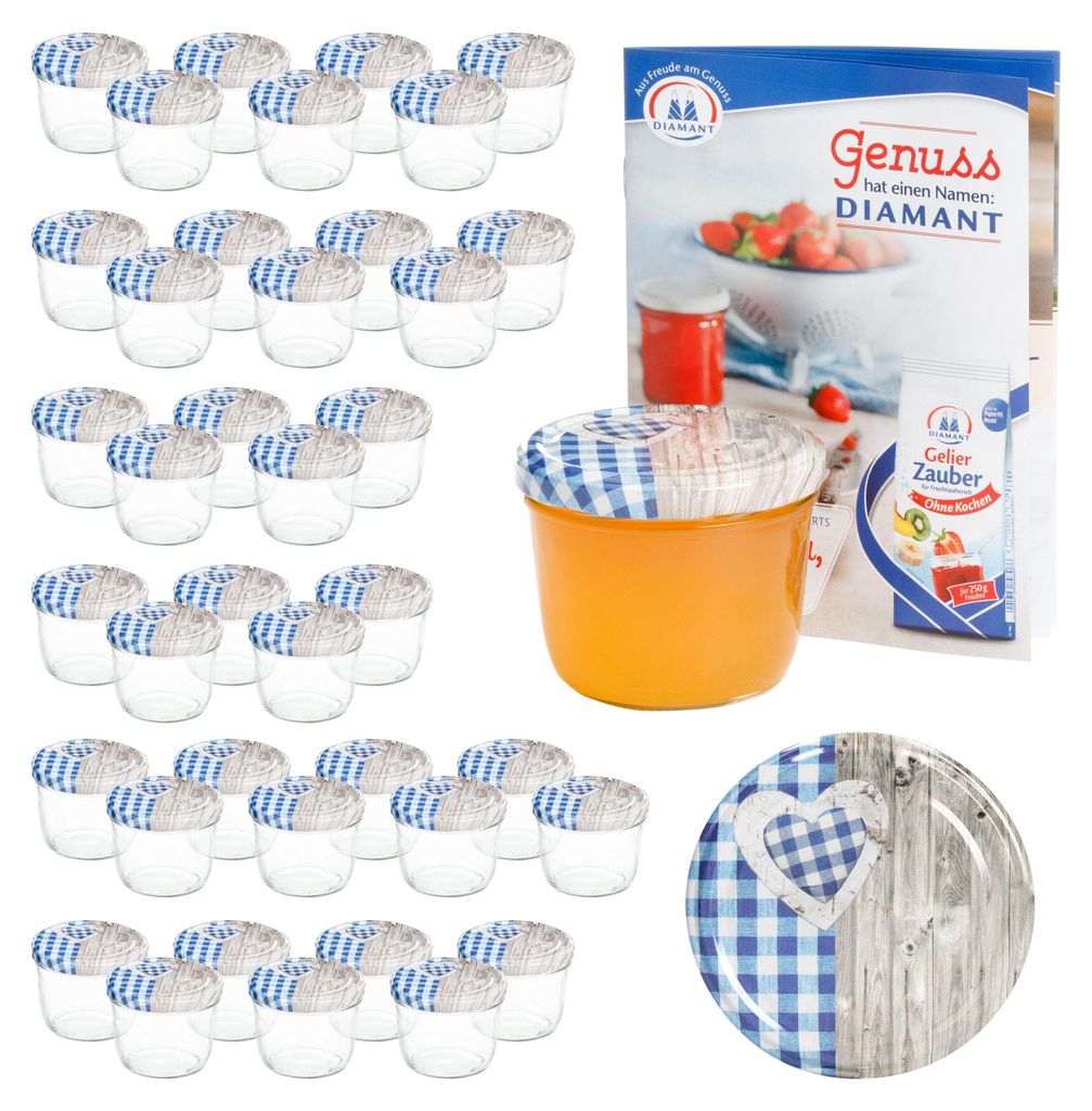 40 Sturzgläser 230 ml Deckel Herz Holz blaukariert Produktbild 
