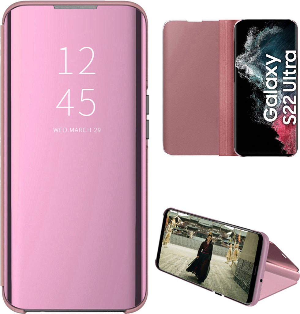 Samsung Galaxy S22 Ultra 5G Hülle, lichtdurchlässigen Spiegel Abdeckung, Klappetui Kunstleder Schutzhülle mit Standfunktion Roségold