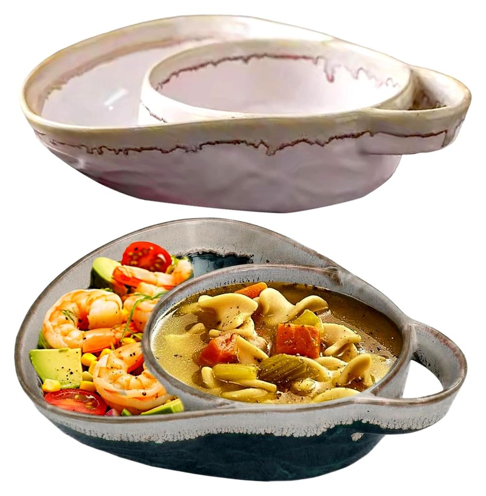 Chip- und Dip-Schüssel mit 2 Suppenschüsseln, Retro-Keramik mit Griffen, kreative Teller für Salat, Dessert und Obst, 20,3 x 17,8 x 5,1 cm