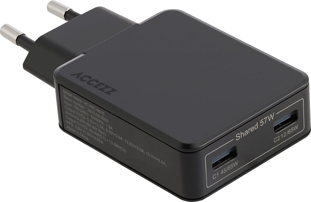 Accezz Ultra Slim GaN Ladegerät - 2x USB-C - 65 W - Schwarz Produktbild 