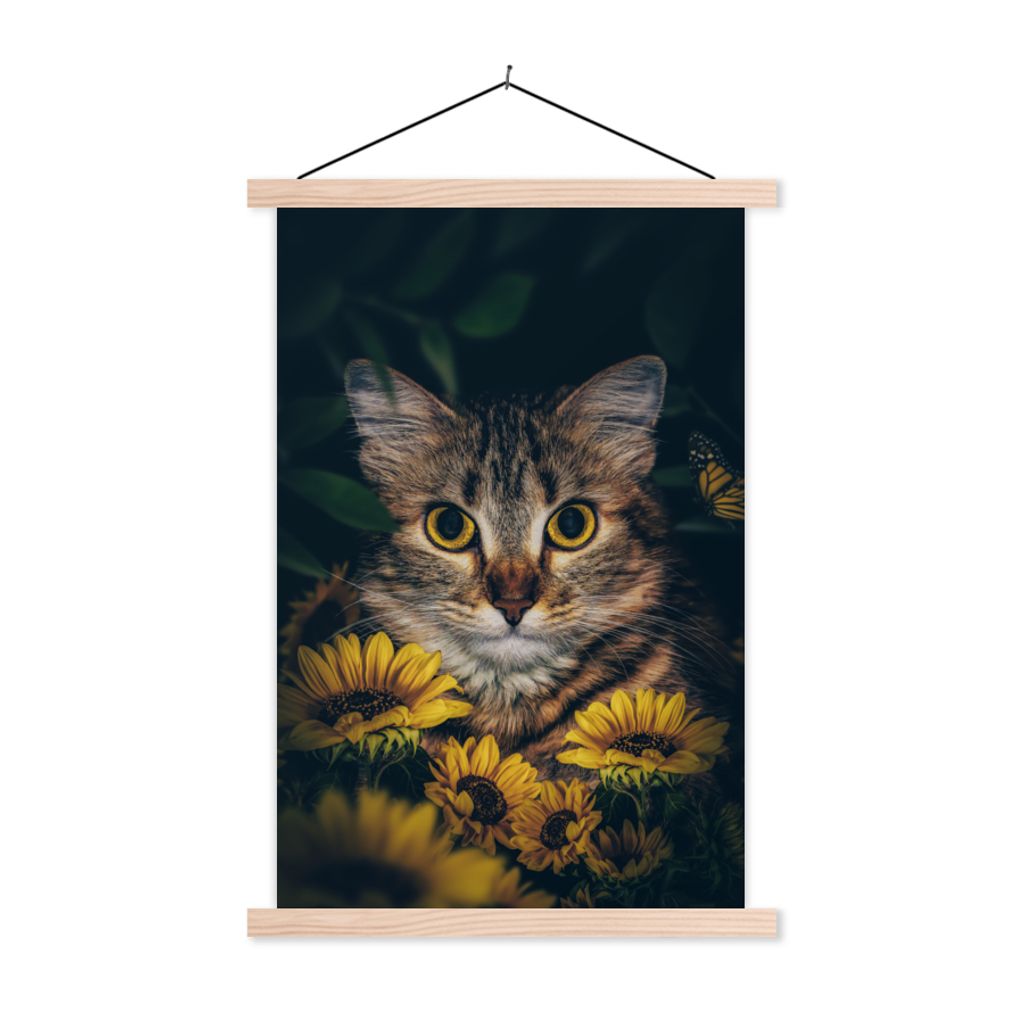 MuchoWow Textilposter Katze - Gelb - Blumen - Botanisch 60x90 cm mit holzfarbenen Rahmen - Textil