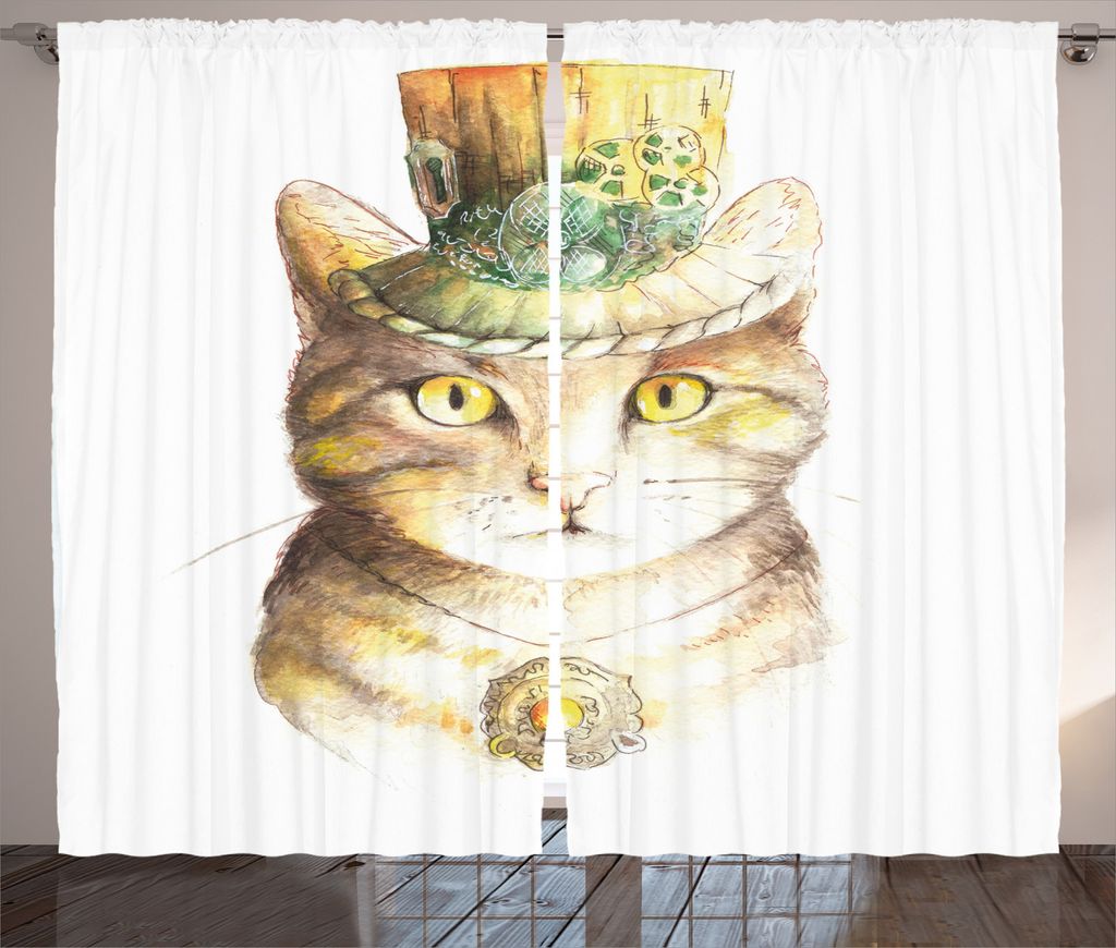 ABAKUHAUS Katze Rustikaler Gardine, Aquarell-Effekt Tier, Schlafzimmer Kräuselband Vorhang mit Schlaufen und Haken, 280 x 245 cm, Gelb und Grau