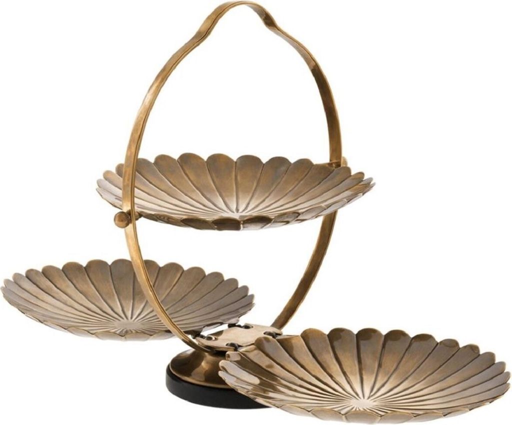 Casa Padrino Designer Etagere mit Tragegriff Vintage Messingfarben / Schwarz 42 x 22,5 x H. 26,5 cm - Klappbares Luxus Messing Serviertablett mit G...