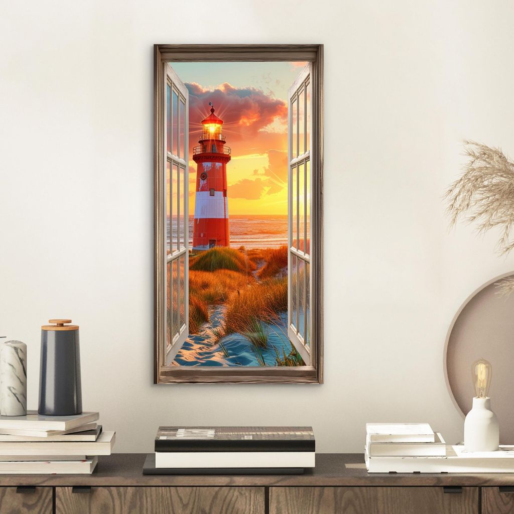 MuchoWow Wanddekoration Metall Metallbild Wandkunst 20x40 cm Aussicht - Fenster - Leuchtturm - Sonnenuntergang - Strand MuchoWow Aluminium Gemälde...