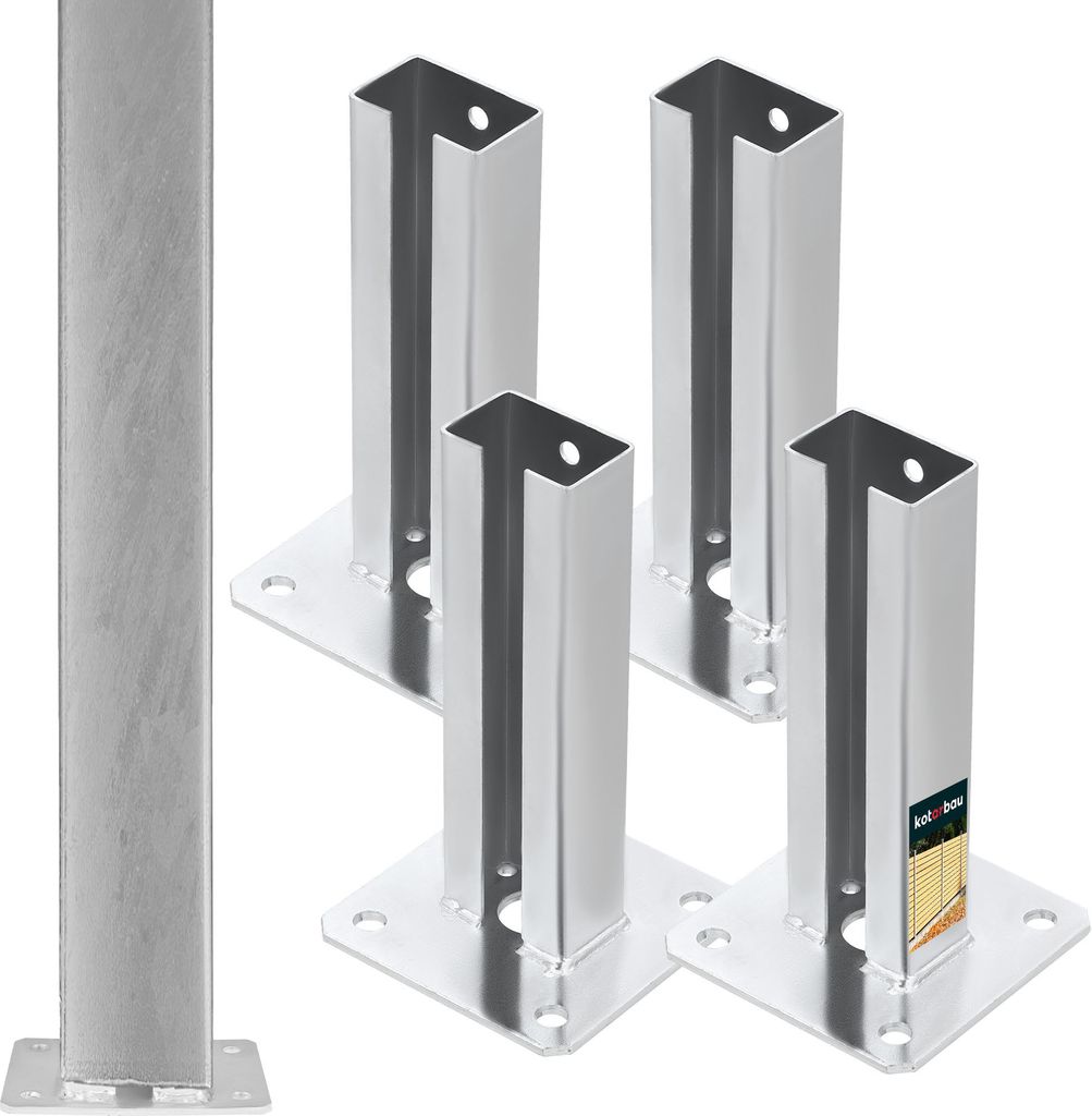 A set of four metal fence post bases and one separate fence post, all on a white background.