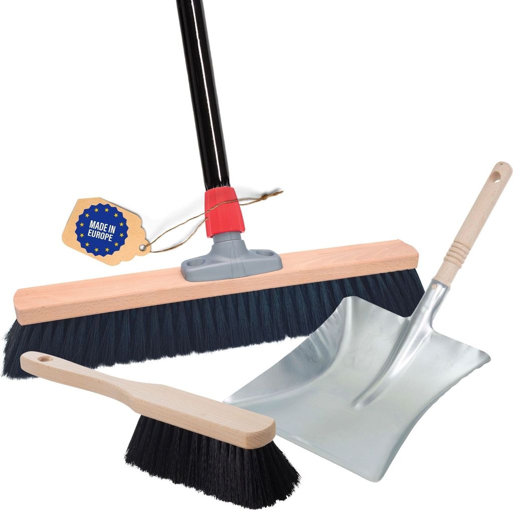 Novaliv Besen 50 cm mit Stiel Saalbesen Kunstborsten inkl. Kehrgarnitur verzinkt bestehend aus Kehrblech und Handfeger besen fein Ideal als Werksta...