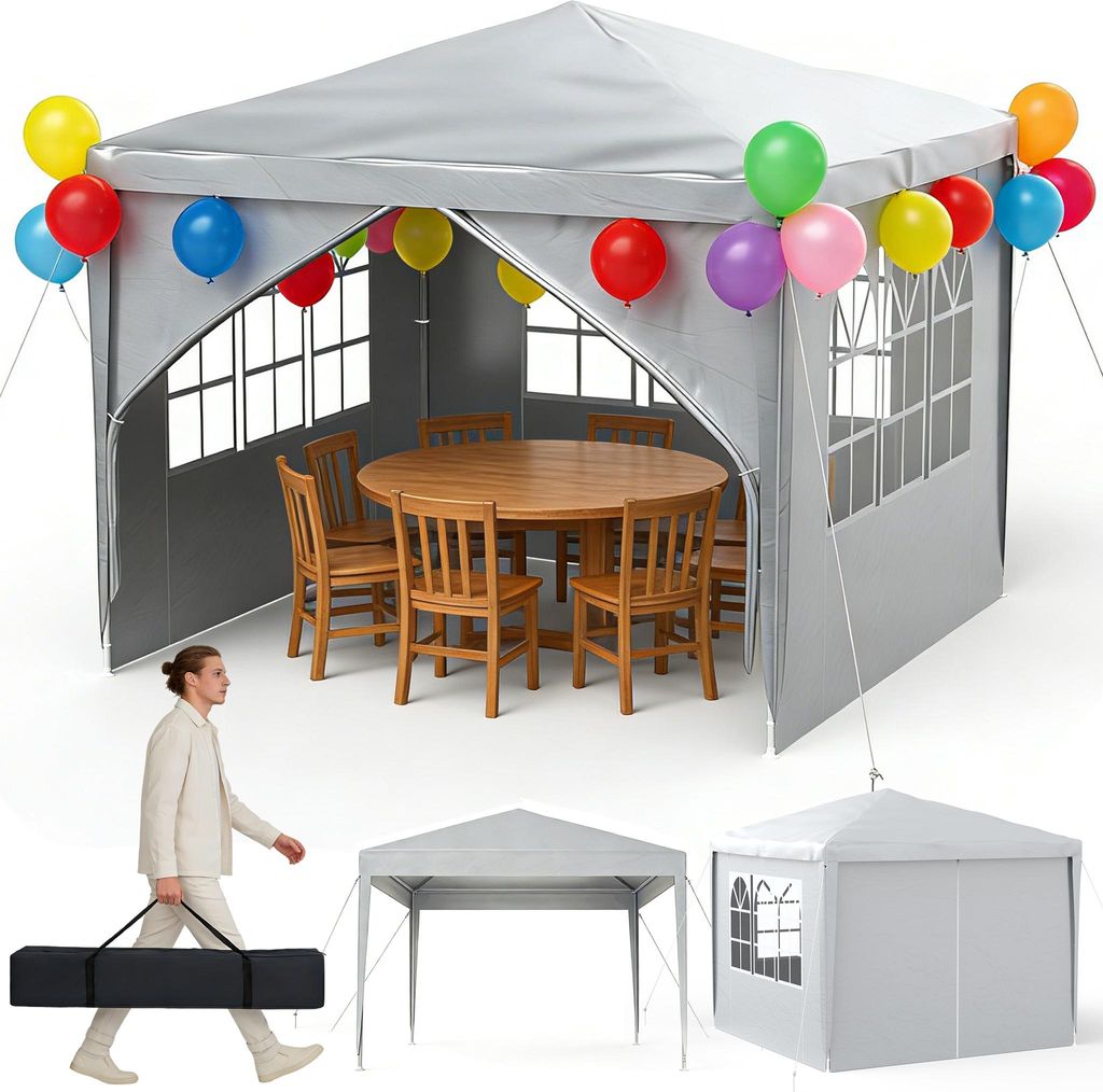UISEBRT 3x3 m Grau Partyzelt, Gartenpavillon mit Seitenteilen & Fenstern, UV-Schutz, Outdoor Festzelt für Events