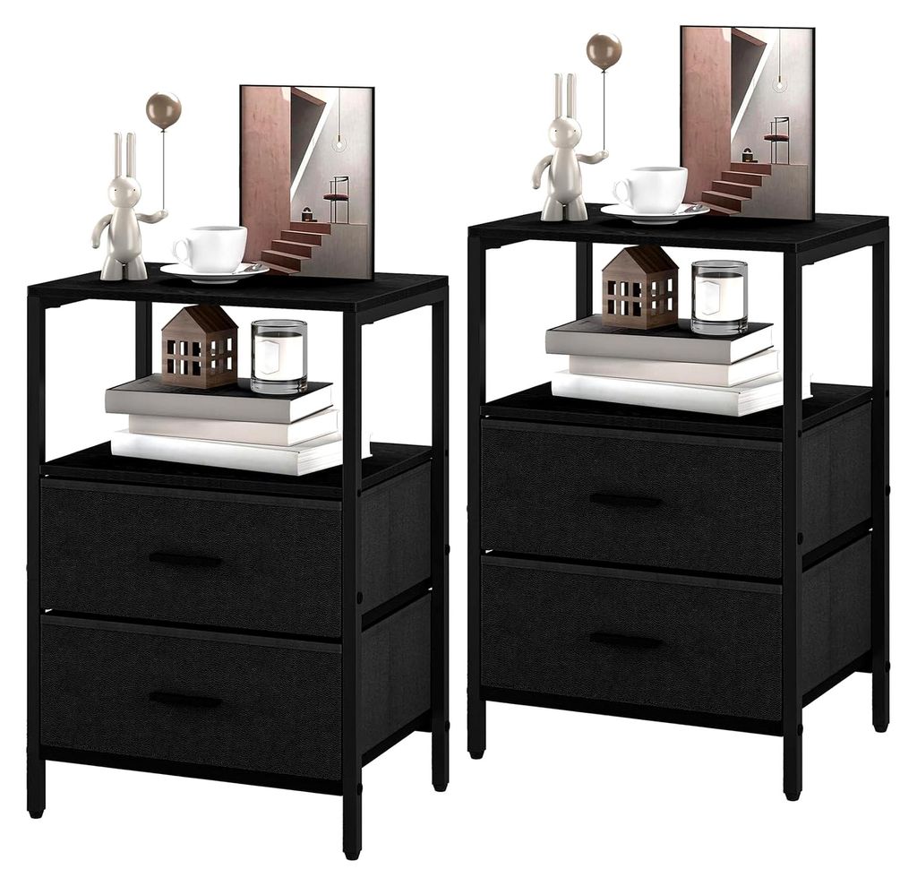 Nachttisch 2er Set, Beistelltisch mit 2 Stoffschubladen und Regalen, Offenes Fach, Couchtisch, Nachtschrank für Schlafzimmer und Wohnzimmer, Schwarz