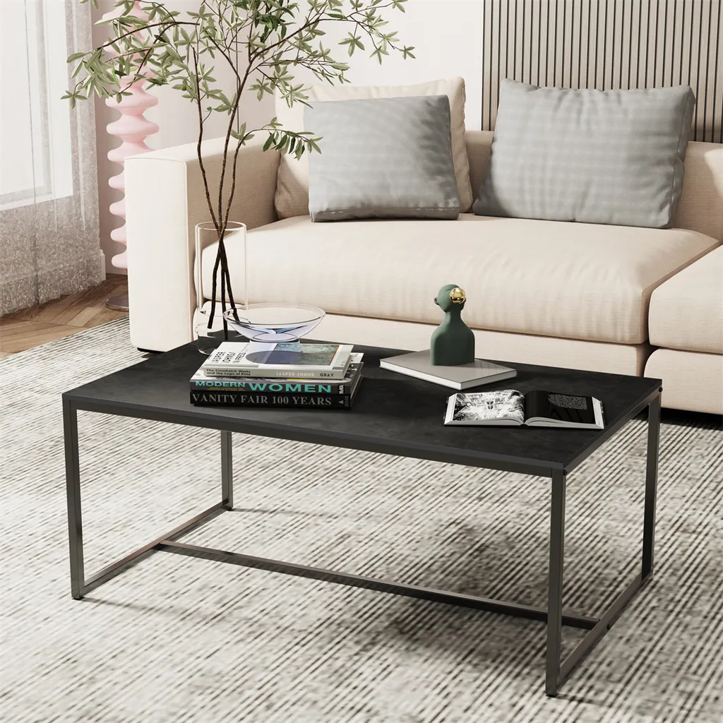 Table basse 100x60cm plateau marbre gris foncé et pieds métal noir