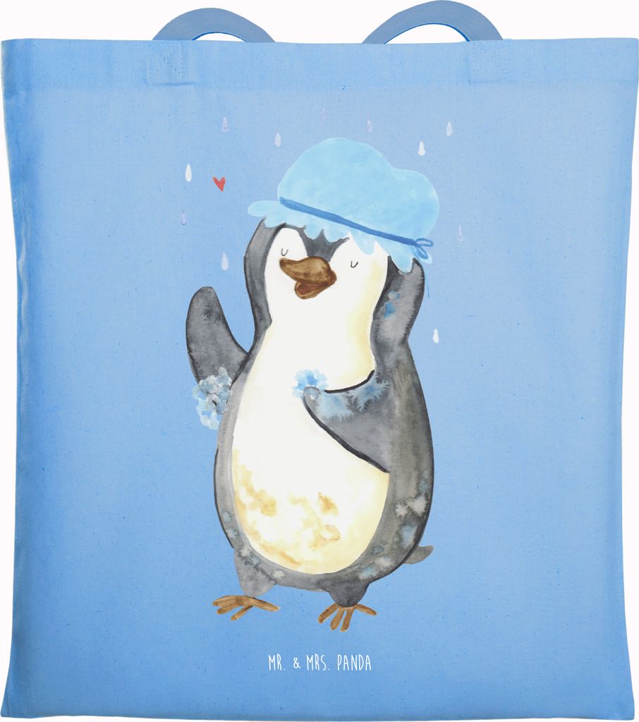 Mr. & Mrs. Panda Tote Bag Pinguin Duschen - Sky Blue - Geschenk, Baden, totebag, Jutetasche, Singen, Tasche, Baumwollbeutel, Jutebeutel, Pinguine, ...