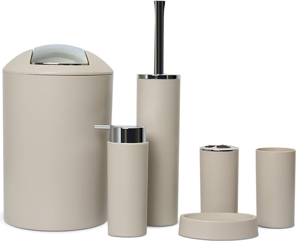 6-teiliges Bad Accessoire Set | Badezimmer Set Calvo schwarz matt, 6-teilig aus Kunststoff Beige