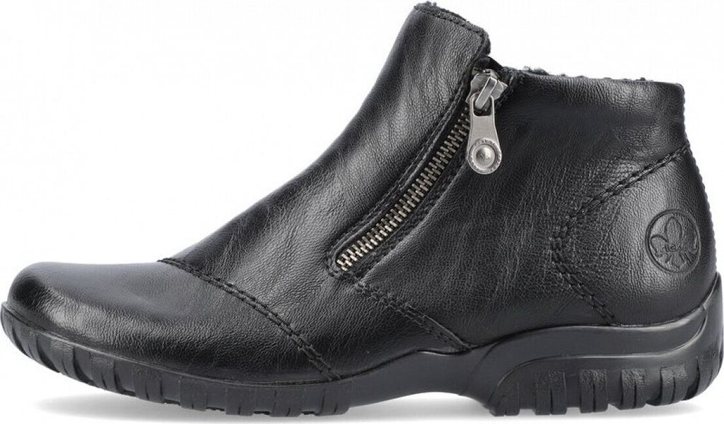 A side view of a black leather ankle boot with a zipper.