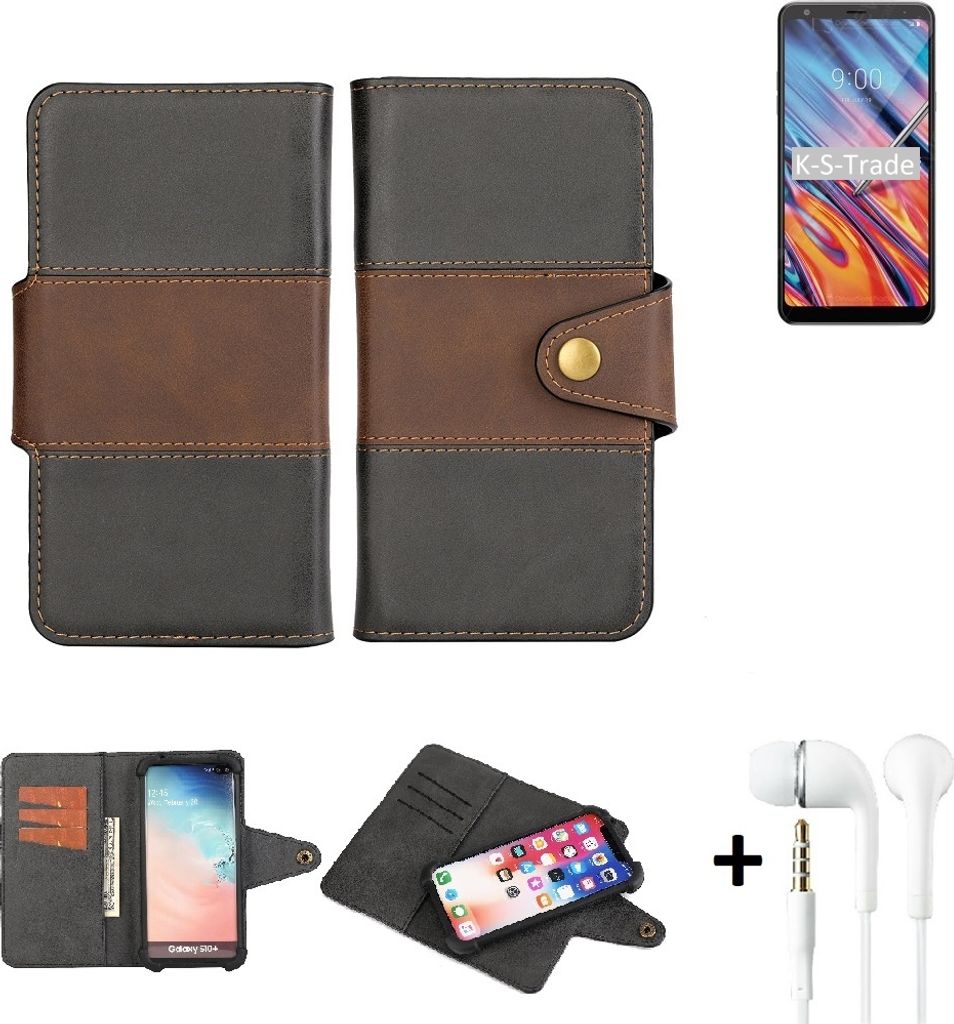 K-S-Trade Handyhülle Schutzhülle Bookstyle Wallet-Case kompatibel mit LG Electronics Stylo 5x + earphones Bumper rundumschutz schwarz-braun 1x
