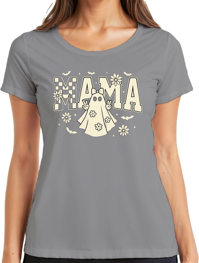 Mama Halloween Geist Blumen Peace Zeichen süß Retro Gänseblümchen Damen T-Shirt, Grau, L