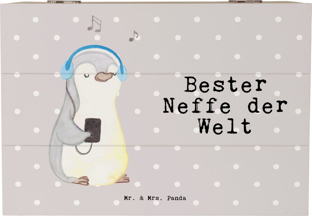 Mr. & Mrs. Panda Box aus Holz Pinguin Bester Neffe der Welt 22 x 15 cm - Grau Pastell - Geschenk, Erinnerungsbox, fotobox, Taufe, Patentante, Onkel...