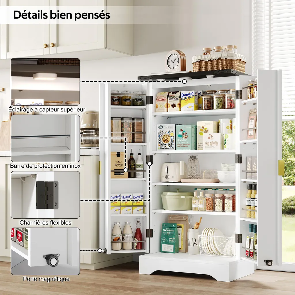 Buffet Cuisine Blanc avec Étagères Réglables et Détails Dorés Chic - 6
