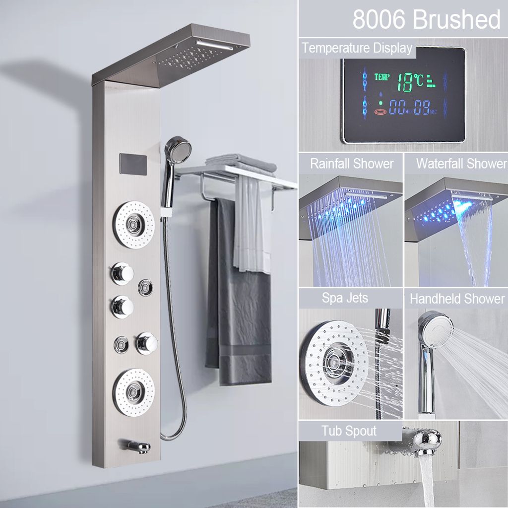 Linuode LED-Licht Duschpaneel Wasserfall Regendusche Wasserhahn Set SPA Massage Jet Badewanne Duschsäule Dusche Mischbatterie Turm,gebürstetes Ni...