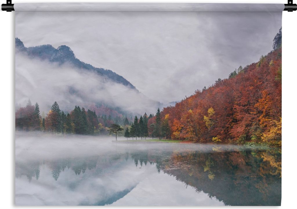 MuchoWow Wandteppich Wandbehang Herbst - Nebel - Wasser - Landschaft 120x90 cm Tapisserie Dekoration Wandtuch - Wohnen - Aufhänger für die Wand