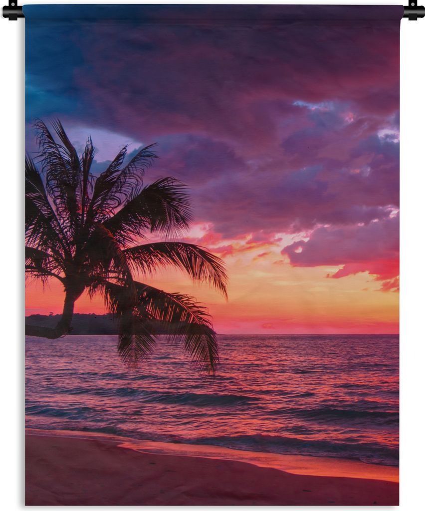 MuchoWow Wandteppich Wandbehang Sonne - Horizont - Rosa - Palme - Meer 150x200 cm Tapisserie Dekoration Wandtuch - Wandaufhängung - Moderner