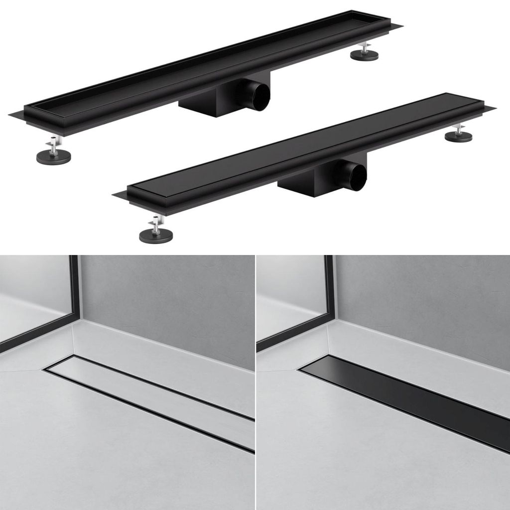 2in1 Duschrinne Schwarz Duschablauf Bodenablauf Abflussrinne Edelstahl Haarsieb befliesbar 70 cm