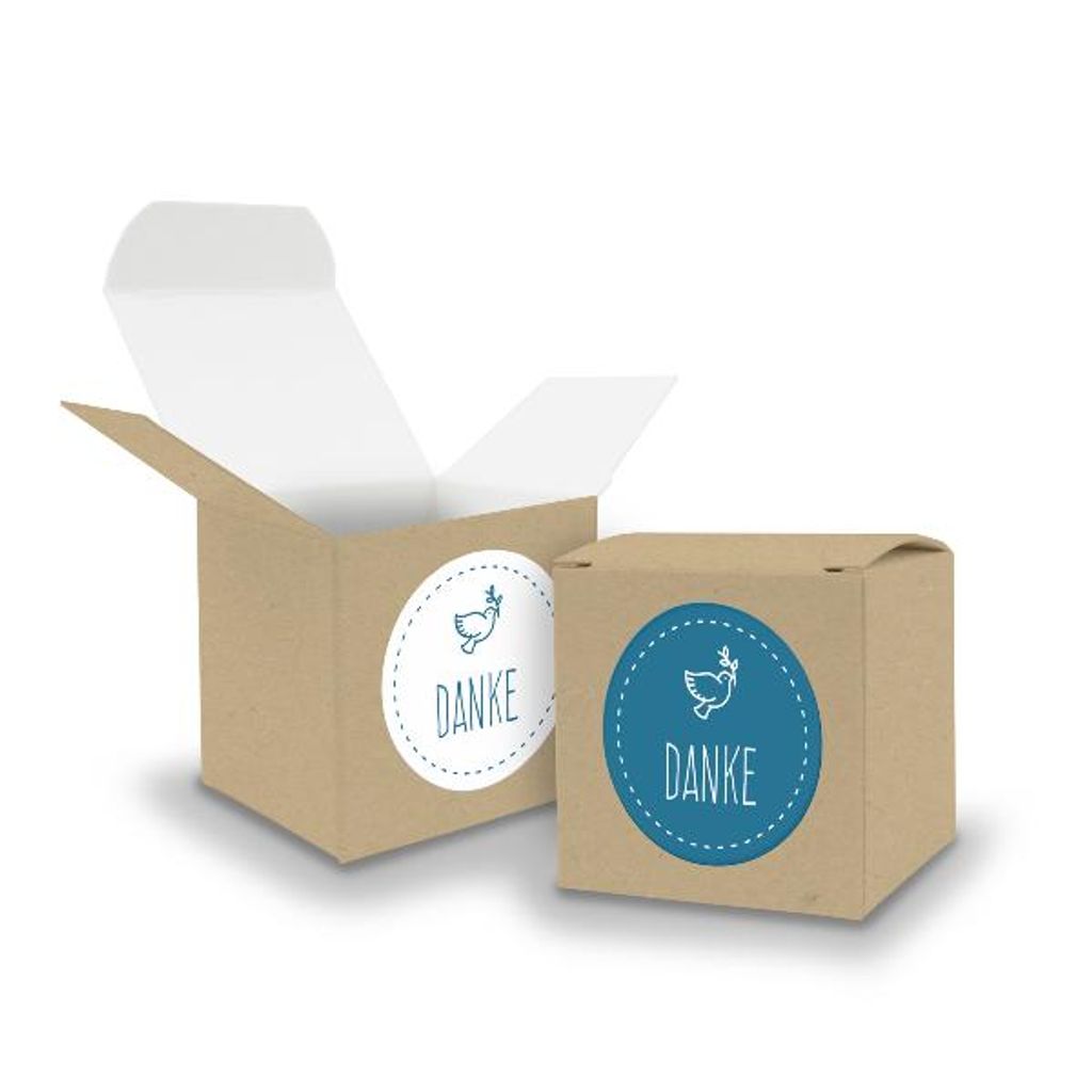 SET Taube Danke (Motiv40) 24x Faltschachtel Würfel 6,5cm BRAUN + Sticker