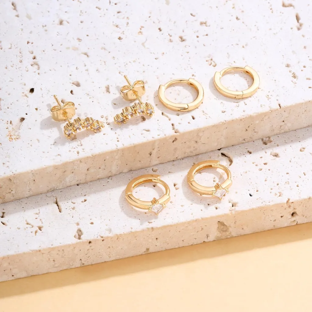 Set Orecchini Donna Kakonia – Oro 18K E Argento – Cerchi E Perno Con Perla, Opale E Zirconi – Ipoallergenici Per Piercing Multipli