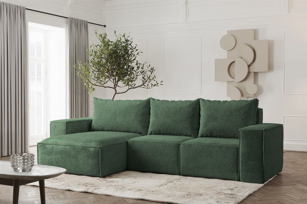 Ecksofa Designersofa ESTELLE in Stoff Abriamo Grün Ottomane Links