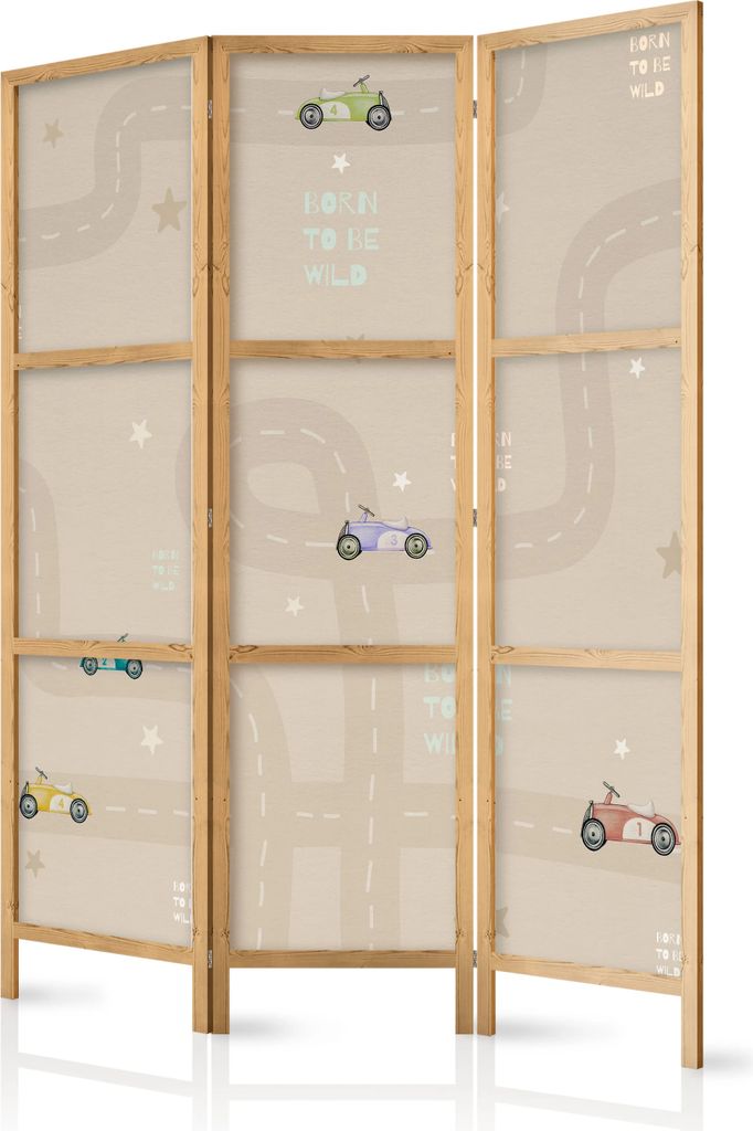 3-teiliger Einseitiger Vlies Japanischer Paravent - Race - Colorful cars on a road on a beige background with stars. 135x172 cm Für Kinder e-C-100...