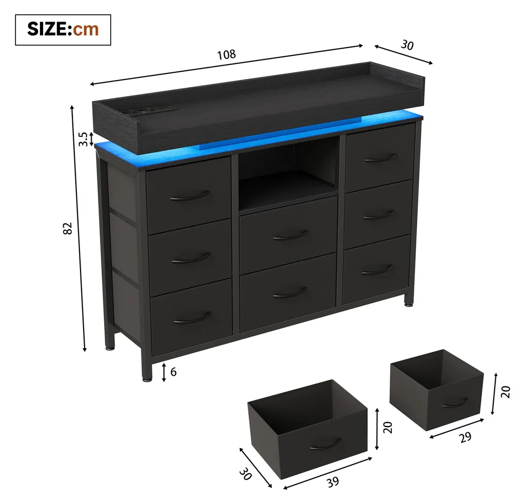 Commode UnboxG noire à 8 tiroirs avec LED et station de charge USB