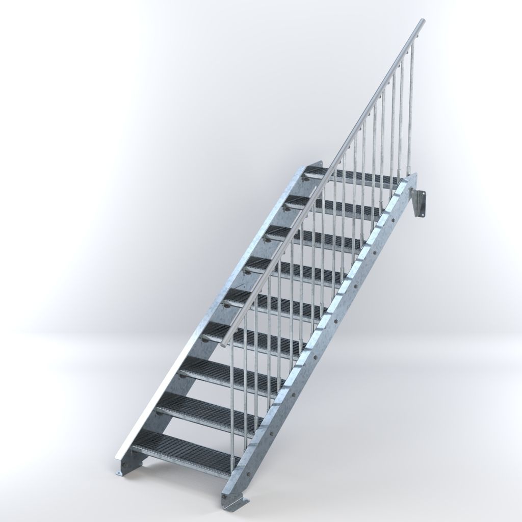 Stahltreppe 9 Stufen bis Höhe 180 cm, Laufbreite : 80 cm Geländer rechts ST 3 (31 / 9 mm schmal)
