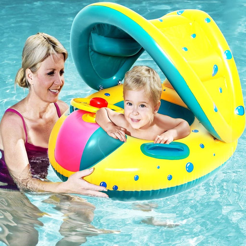 Schwimmhilfen Babyboot Schwimmsitz mit Sonnendach Aufblasbares Kinderbadespaß 