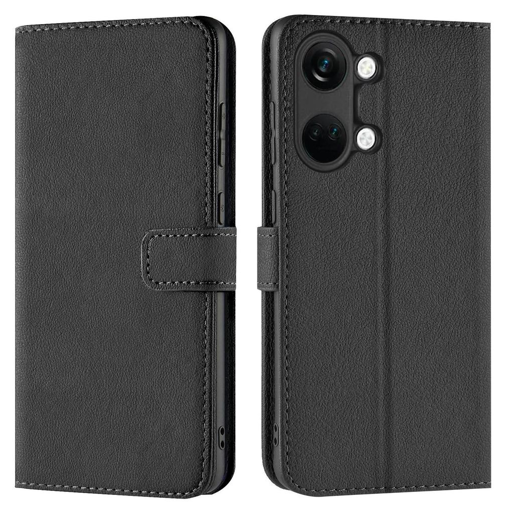 A black flip case for a smartphone is shown from two angles.