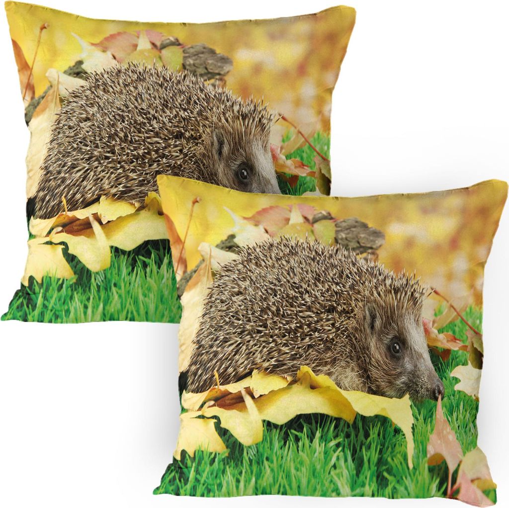 ABAKUHAUS Igel Kissenbezug Packung mit 2, Netter kleiner Igel auf Herbstlaub in den Waldszenen von der Welt, Dekorativer Gedruckter Kissenbezug, 80...
