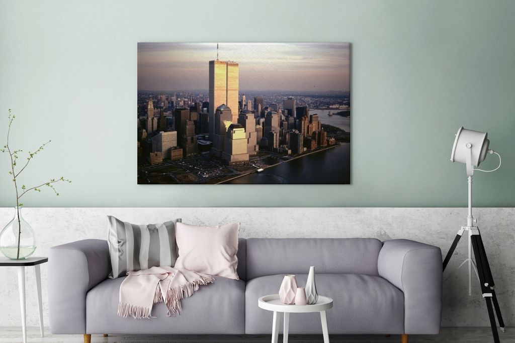OneMillionCanvasses - Leinwandbilder - 140x90 cm, Luftaufnahme des World Trade Center in Manhattan über dem Hudson River in New York, Wandbilder...