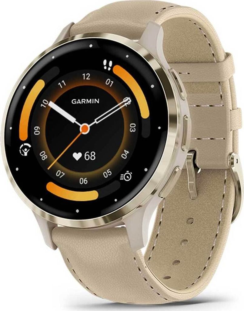 A close-up shot of a Garmin smartwatch with a beige leather strap and a gold bezel.