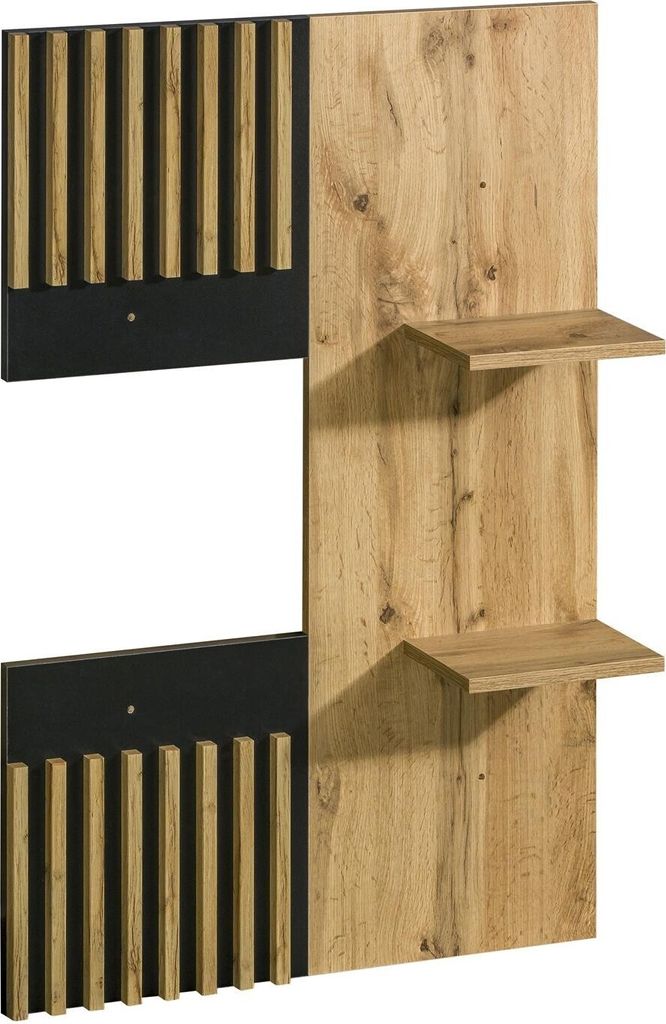 A wall-mounted shelf unit with a wood-grain finish and black accents.