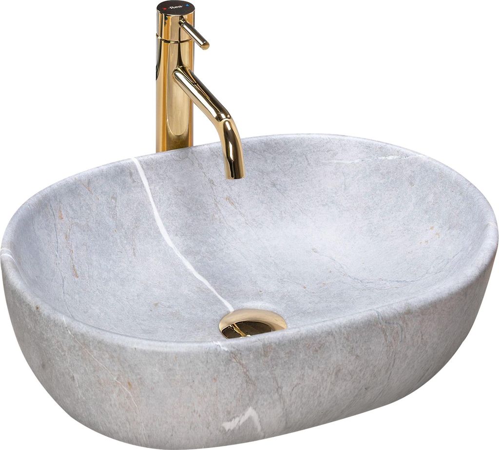 A beige oval Aufsatzwaschbecken (countertop basin) with a gold faucet, isolated on a white background.