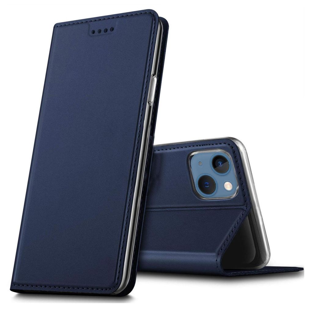 A dark blue flip case for an iPhone is shown, with the phone partially visible inside.