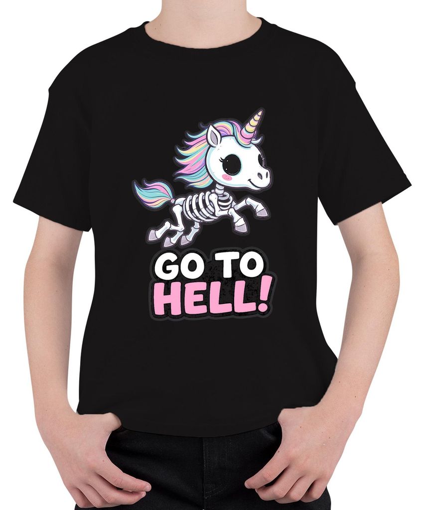 Skelett Einhorn Go To Hell Pastell Regenbogenmähne Gothic Uni Kinder T-Shirt, Schwarz, 128