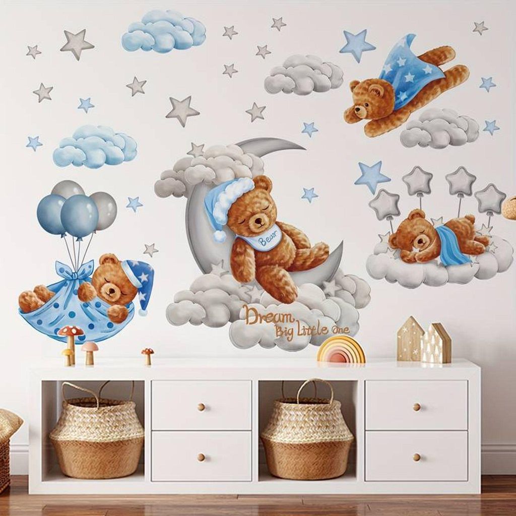 GKA XXL Wandtattoo Bärchen GK04 Bär Wolken Luftballons Mond Sterne Wandsticker Kinderzimmer Wandaufkleber 138 cm Kinder