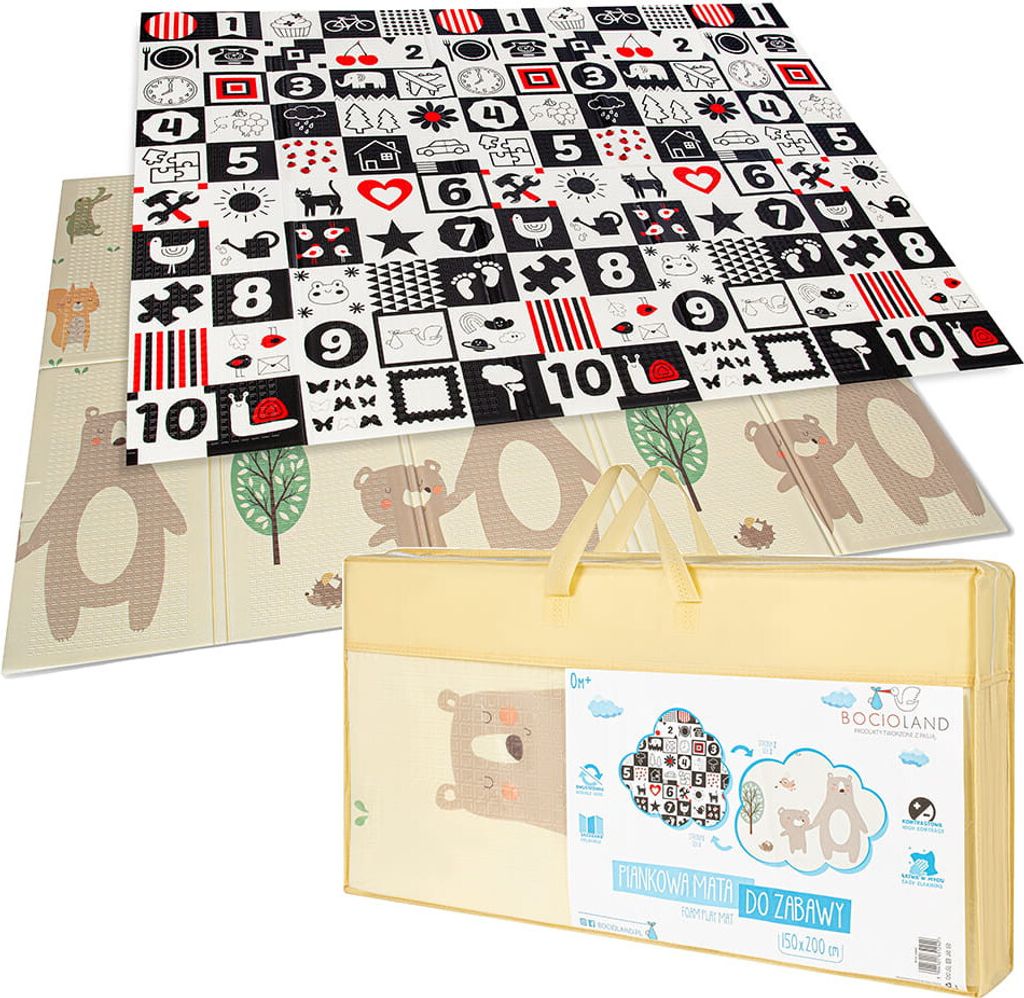 A folded playmat with a patterned side and a bear-themed side, presented with its carrying bag.