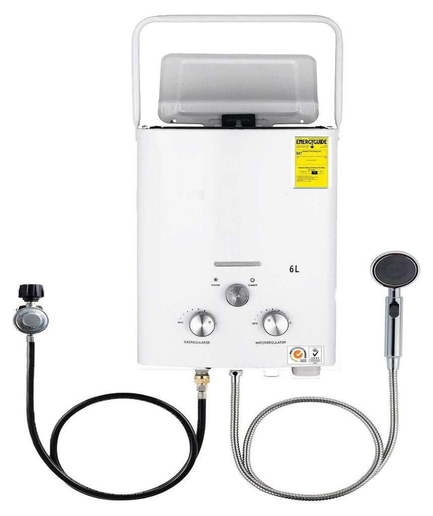 A white portable LPG water heater with a shower head and gas regulator.