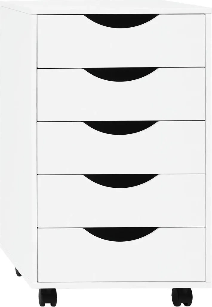 Caisson à roulettes en bois blanc avec 5 tiroirs de rangement compact