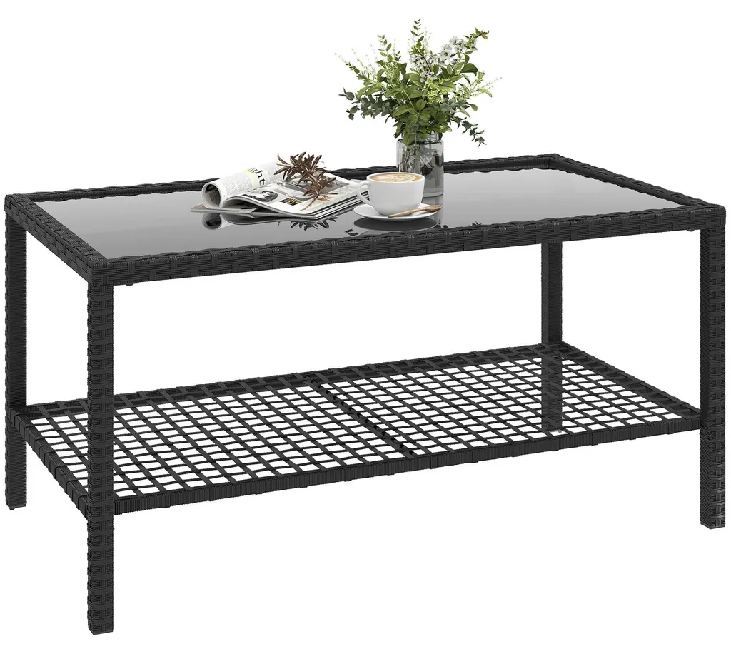 Table d'extérieur design en résine tressée noire et plateau verre sécurit
