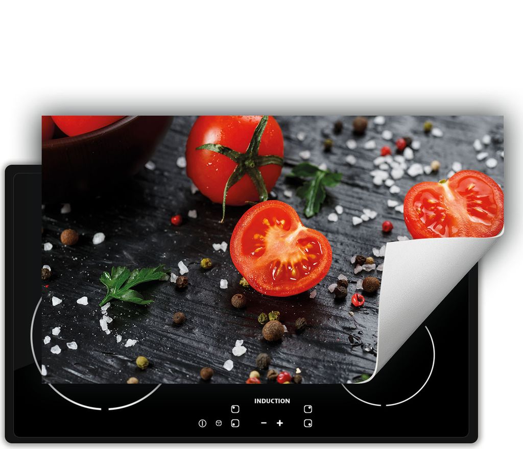 DarHaus Herdabdeckplatte 90x52 cm Anti Rutsch Matte Aufrollbar, Holz - Tomaten
