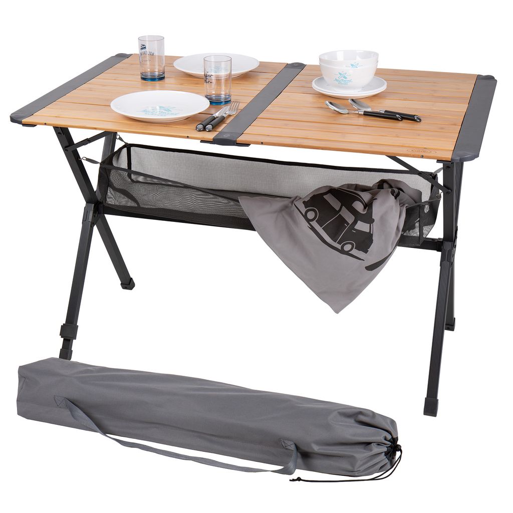 Bambus Rolltisch "Mendoza" | 110x70cm | kleines Packmaß | Aufbewahrungsnetz