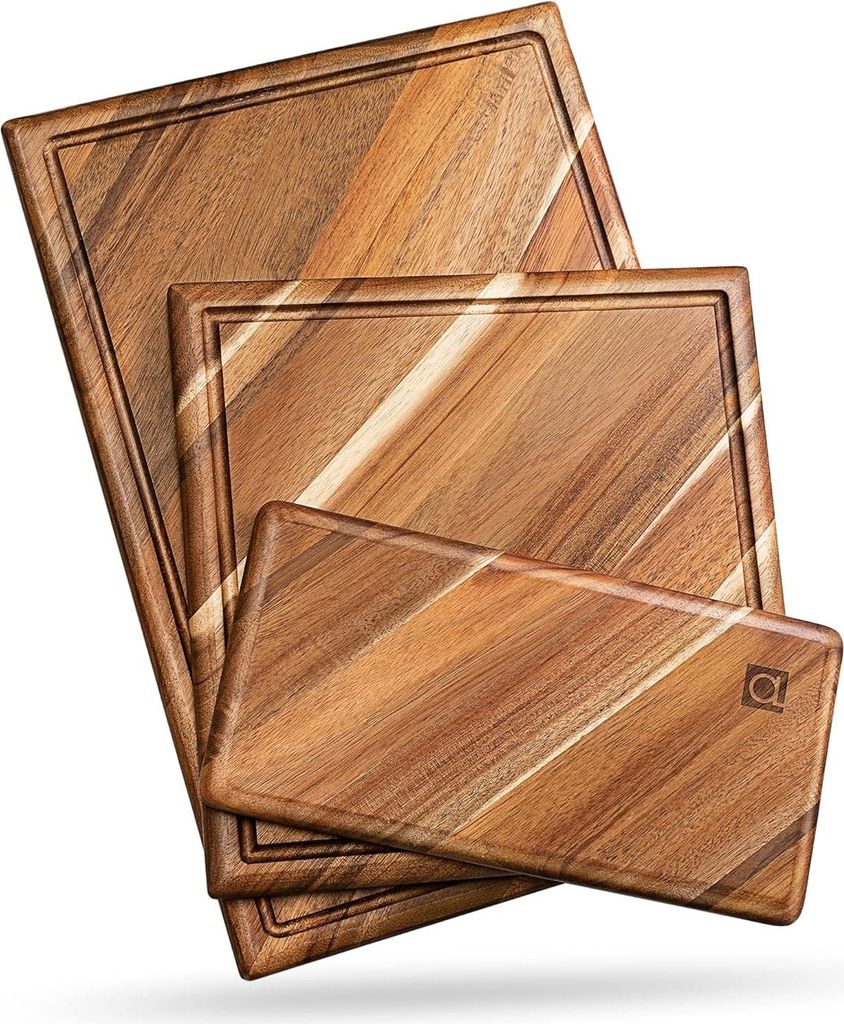 Holzschneidbretter-Set mit Saftkanal, 3-teilig, für Fleisch, Käse, Gemüse