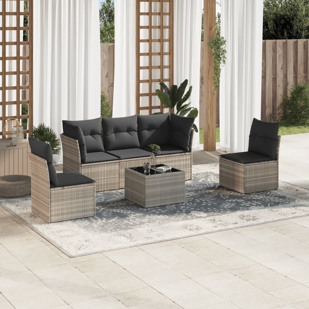 "2026 Promotion" 6-tlg. Garten-Sofagarnitur/Terrassenmöbel - mit Kissen - Hellgrau Poly Rattan - Gartenmöbelset CC12517