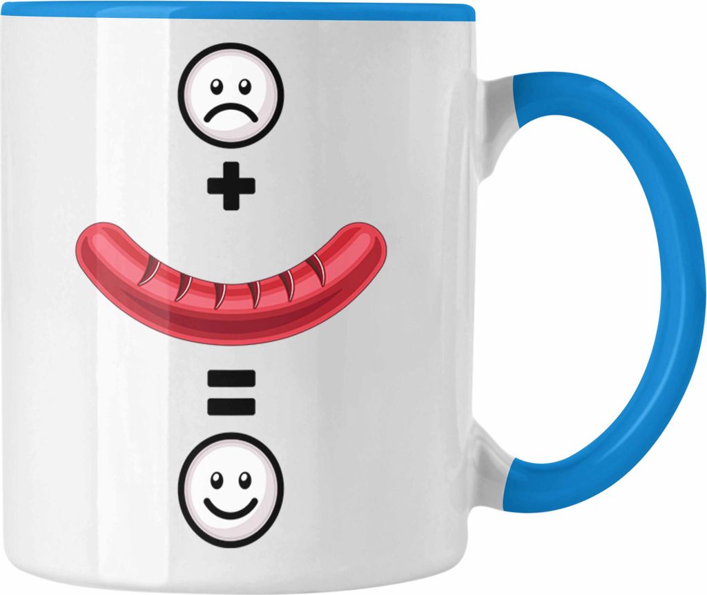Trendation - Wurst Tasse Geschenk für Griller Wurst :( + Wurst = :) Lustige Geschenkidee Geburtstag (Blau)