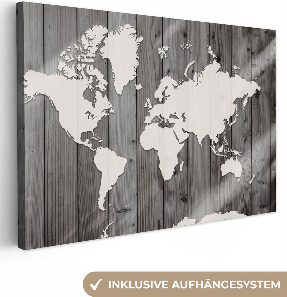 OneMillionCanvasses - Leinwandbilder - 150x100 cm, Weltkarte - Holz - Schwarz - Weiß, Wandbilder Kunstdruck Wanddekoration